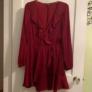 Express NWOT cranberry wrap front ruffle dress
